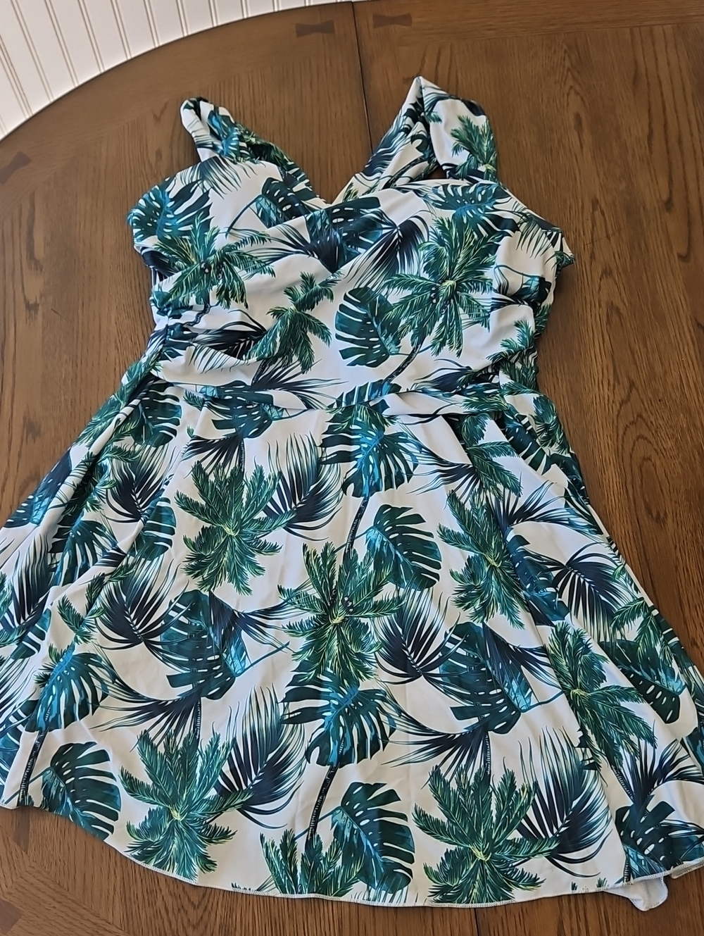 Tropical Green Palm Print One-Piece Swimsuit Dress